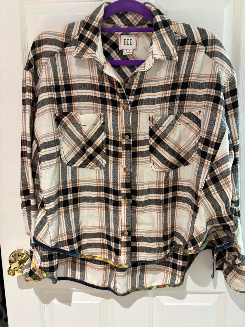 BDG Cream, Black & Orange Plaid Flannel Shirt